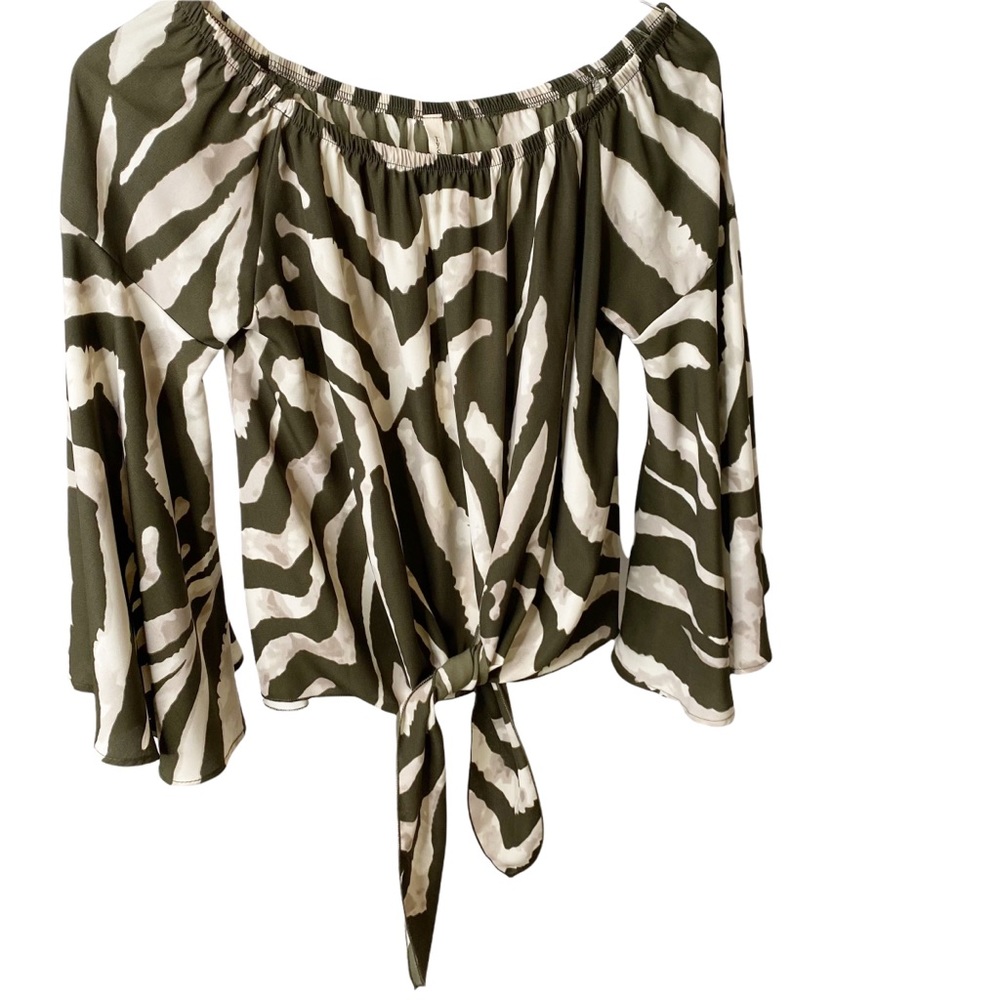Tyche Olive Green and White Zebra-Print Off-Shoulder Tie-Front Blouse